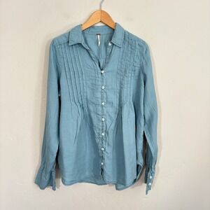 Free People Linen Tunic Top Women Sz Small Blue Button Down Pintuck Long Sleeve